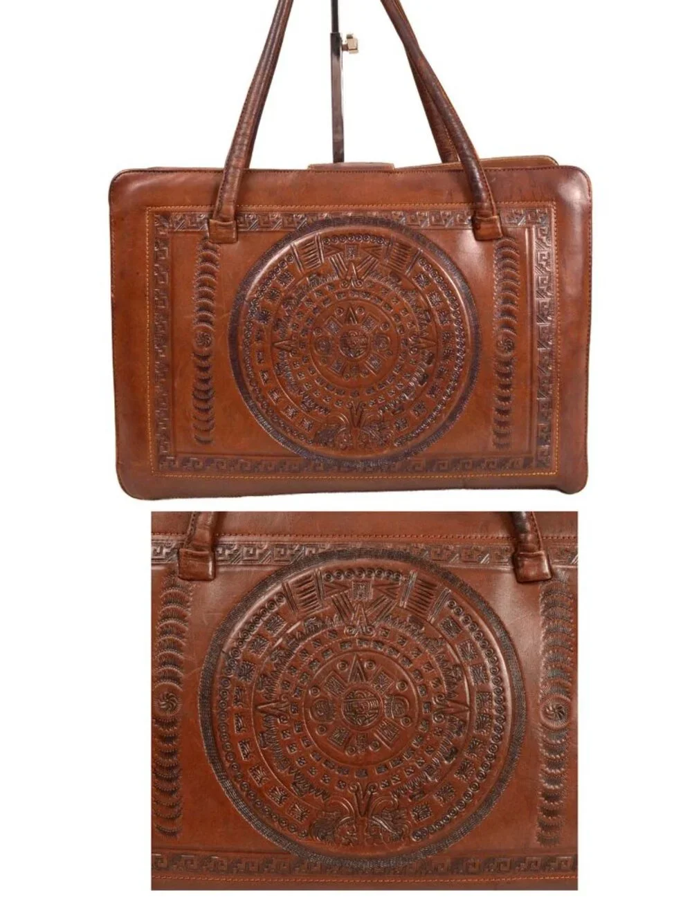 RARE! Mexican hand tooled vintage brown leather purse